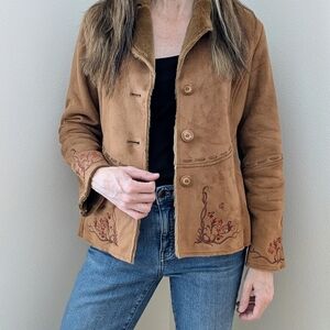 Vintage Faux Suede Faux Fur Collared Floral Embroidered Whipstitch Jacket Camel